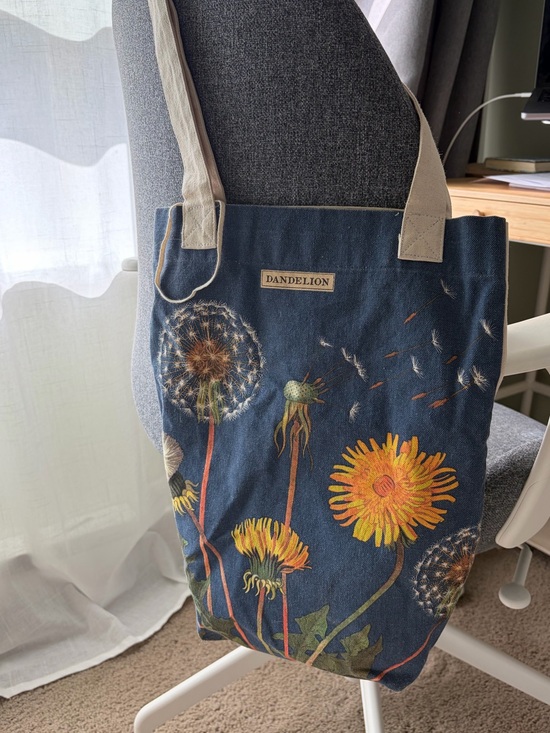Handbags - Floral Canvas Tote Bag in Navy and Yellow